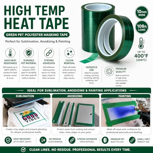 Image of Powder Coating Heat Tape - Green PET Polyester Masking Tape, High-Temperature Self-Adhesive for Painting, Anodizing, and Sublimation Applications 10mm Wide 108 ft Long
