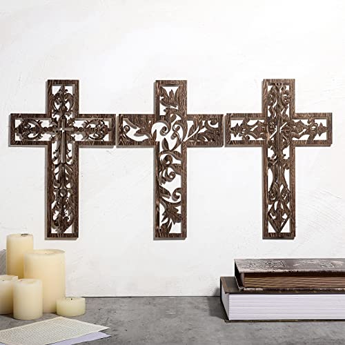 Yookeer 3 Pcs Wooden Wall Hanging Cross Handmade Antique Cross Hanging Decor Religious Cross Decorations For Wall Brown Wooden Cross Home Decor Hand Carved Wall Crosses For Living Room Nursery Wedding thumb #1