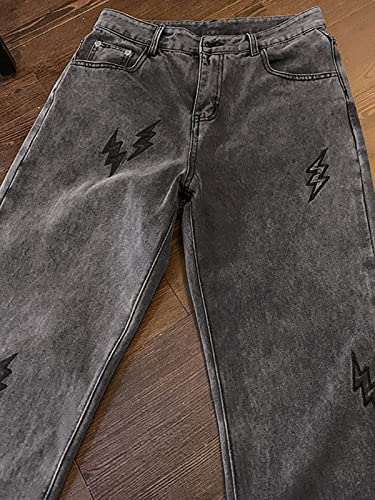 Men's Mid-Rise Straight-Leg Jeans Lightning Embroidered Relaxed Fit Denim Pants Dark Grey #TOP4