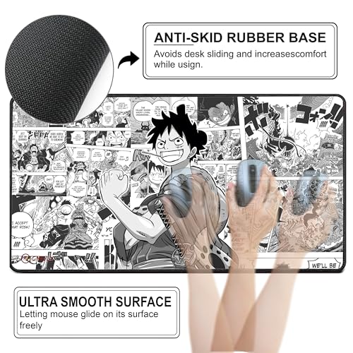 Image of Pirate Anime Mouse Pad 18x36 Inch 3mm Extended Gaming Desk Mat with Anti-Slip Rubber Base Mousepad for Smooth Surface Desk pad for PC & Laptop Use Waterproof & Stiched (Black /White) Deskpad