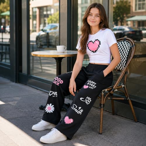 Image of Girls Clothes 2 Piece Cute Pixel Heart-Print Top Graffiti-Print Pants Sets | Trendy Y2K Inspired Outfit with Fitted Top and Wide Leg Bottoms, Casual Streetwear for Teens Girls 7-14Y
