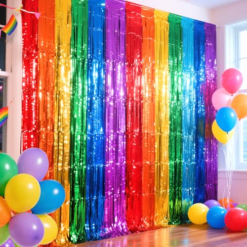 Image of 4 Packs Rainbow Foil Fringe Curtain, Assorted Color Metallic Tinsel Backdrop for Birthday, Baby Shower, Wedding, Rainbow Party Decorations Supplies
