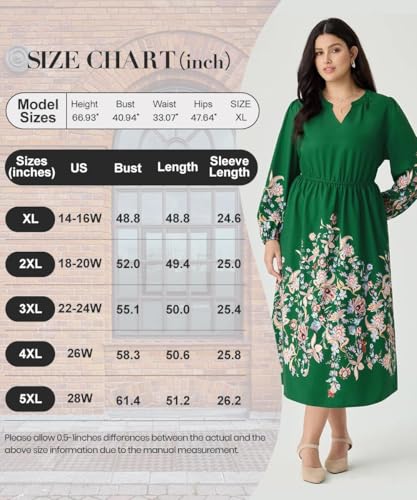 Image of TIYOMI Womens Plus Size Dresses Fall Long Sleeve Maxi Dresses V Neck Floral Spring Party Dress with Pockets XL-5XL (14W-28W)
