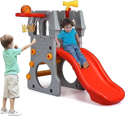 FUTADA 5-in-1 Toddler Slide, Indoor & Outdoor Playground Set with Basketball Hoop, Telescope, Crawl Through Space, Easy Climb Stairs, Kids Climber Slide Gift for Boys and Girls