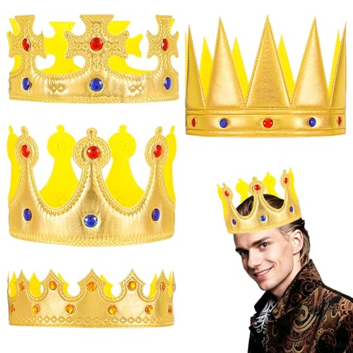 Zhuxing 4 Pieces Crown Birthday Gold Crown King Crowns with Gemstones Party Hat Play Tiaras Set for Adult Birthday Costume Dress Up Dance Party Accessory Supply (Gold)