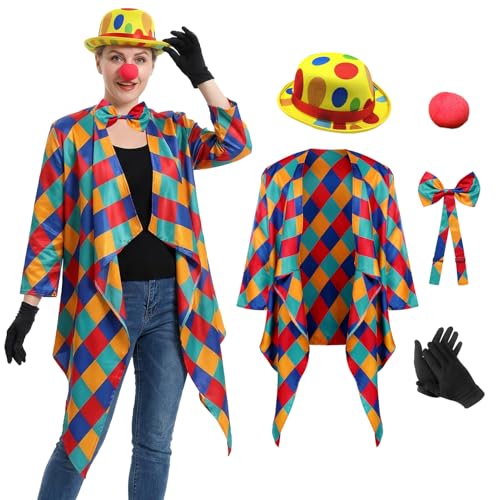 Apparlxer Clown Kostüm Damen,5Pcs Zirkus Kostüm Interessant Clownkostüm Buntes Karomuster Clownjacke mit Hut Fliege Schwammnase Handschuhe,Clown Faschingskostüm für Damen