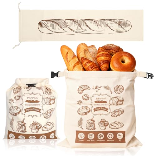 KQDRAVINE 2 Bolsa de Pan de Lino con Hebilla, 30 X 40 Cm Bolsa Pan con Capa Interior de TPU y 16 X 64 Cm Bolsas para Baguettes, Reutilizable Bolsas para Mantenerlo Fresco