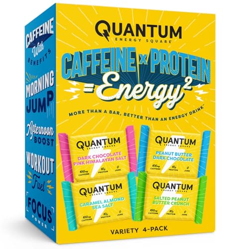 Quantum Energy Square - Energy Bar with Caffeine & 10g Protein, Healthy Snack On the Go - Vegan, Gluten-Free, Soy & Dairy-Free - Variety 4-Pack