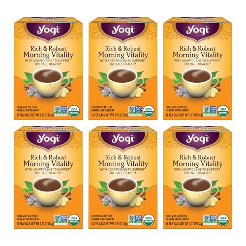 Yogi Tea Rich & Robust Morning Vitality - 16 Bags per Pack (6 Packs) - Organic Adaptogen Tea Perfect for the Morning - Includes Puerh Leaf, Roasted Chicory Root, Cinnamon Bark & More