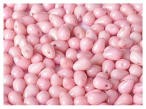 Small Teardrop Beads, 6x4mm, 60 piezas, cuentas de vidrio prensado checas en la forma de gotas, agujero horizontal superior, Chalk White/Lila Luster (Opaque Lilac Ceramic Look)