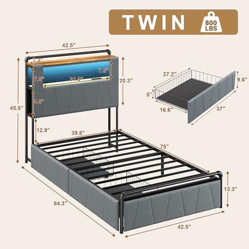 Image of Twin Bed Frame with 2 Storage Drawers, Upholstered Headboard with Charging Station & LED Lights, Metal Platform Bed Frame Twin Size, Noise Free, No Box Spring Needed, Easy Assembly, Grey