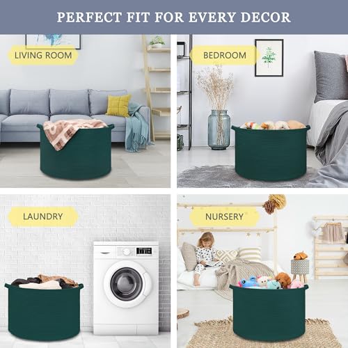 Image of Large Cotton Rope Blanket Basket, 87L Laundry Hamper, Dark Green