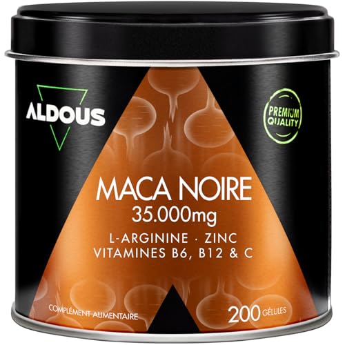 Maca Noire 35.000 mg - 200 gélules - Extra Forte - Extrait 20:1 - Avec Arginine, Zinc, Vitamine C, B12 et B6 - Maca du Pérou hautement concentrée -...