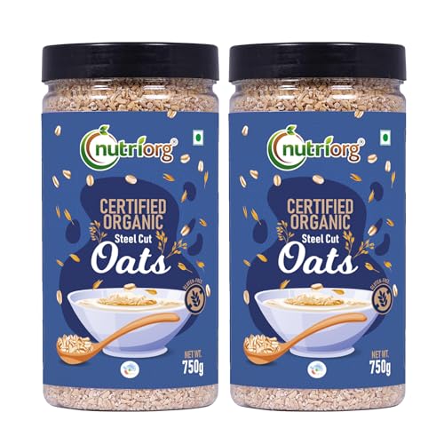 Image of Nutriorg Certified Organic Raw Steel cut Oats 1500g (Pack of 2 * 750g) | Gluten Free | For Weight Loss | Fiber Rich