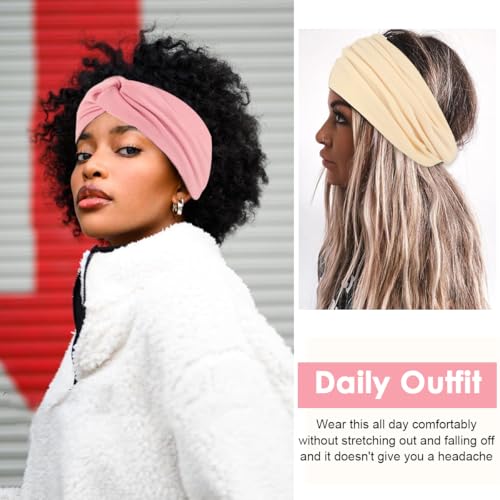 Image of MAYCREATE 2Pcs Wide Head Band Twisted Knot Headband for Women, Pink & Beige | Stylish Twisted Knot, Stretchy Cloth Design, Helps Keep Hair Away from Face During Skincare and Exercise