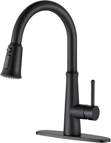 WOWOW Grifos de cocina negro mate con rociador extraíble, grifo de fregadero de cocina de acero inoxidable para fregaderos de 1 o 3 agujeros, grifo