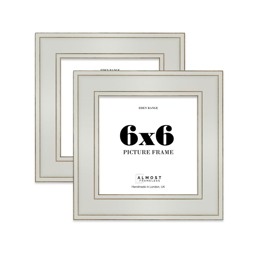 6x6 Light Grey Picture Frame - Shabby Chic Photo Frame with Distressed Finish, Gold Trim, Wall Hooks and Kickstand, 37mm Edge - 2 Pack