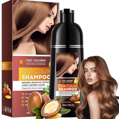 Champú Colorante Marrón 500ml,Tinte de Cabello Castaño Natural 3 en 1,Cobertura Rápida de Canas,Coloración Capilar Fácil en Casa para Hombres y Mujeres