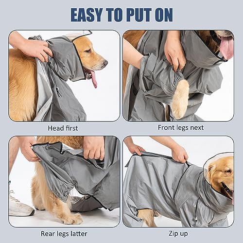 Avont Regenjacke Hunde Reflektierende Regenmantel wasserdichte Sichere Hiking Reißverschlüsse Hundemantel, mit 4 Beine & Durchsichtige Kapuze für Kleine, Mittelgroße und Große - Silbrig -M