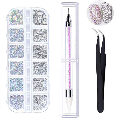 ECHG 1500 Pezzi di Strass in Cristallo per Nail Art E Strass in Cristallo Trasparente 6 Dimensioni (1,5-3,8 Mm) con Pinzetta per Pick Up, Penna per Punteggiatura con Strass