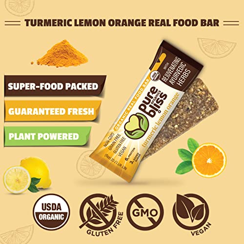 Organic Real Food Bars (Turmeric Lemon Orange) Grain Free - Paleo Friendly - Non-Gmo, Gluten Free, Vegan, Nutrition Bars, Super Food Energy Bars, Ayurvedic & Adaptogen Herb Blend, Healthy Snack, Breakfast Bars, Dairy Free, Soy Free, Pure Bliss Organics (1.7 Oz, 12-Pack Case) #TOP1