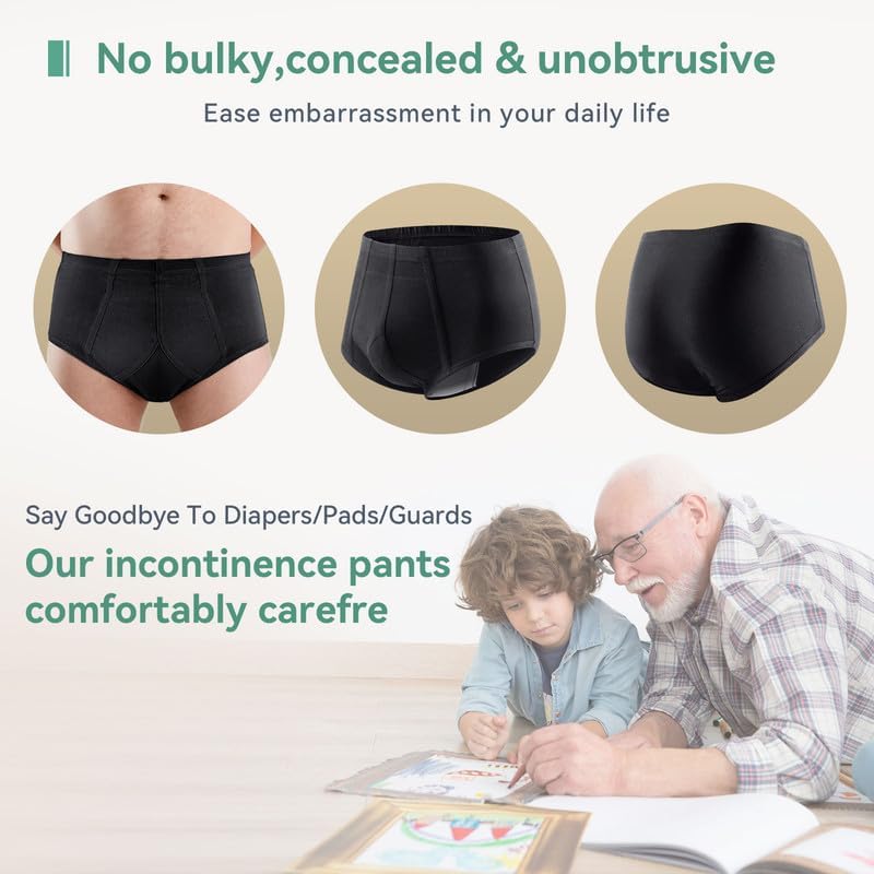 Incontinence Underwear for Men 2 Pack Washable Mens Incontinence Briefs with Front Absorbent Area Leak Proof Underwear for Men Reusable Urinary Incontinence Underwear (Black, L) - Image 4