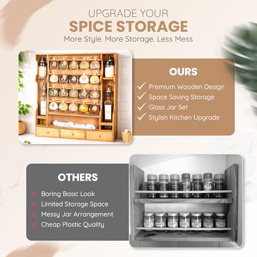 Image of Byers Choice TX Pine Wooden Spice Rack Organizer for Countertop with Rounded Corners and Ample Storage Space - Freestanding Spice Jar Rack with Drawers for Kitchen Pantry, Apothecary