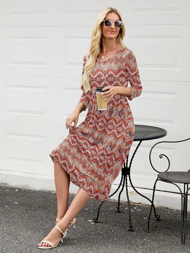 Image of Heymoments Women's Casual 3 /4 Sleeve Midi Dress Crewneck A Line Tiered Flowy Loose Travel Long Dresses with Pockets