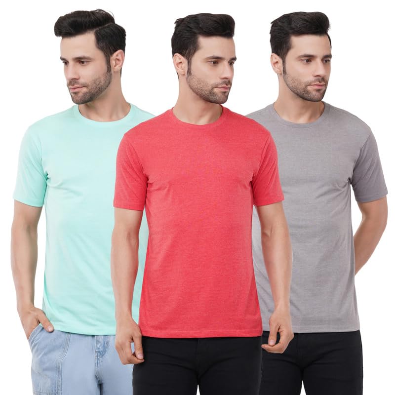 Image of tinies Cotton Tshirt Crew Neck Mens Plain Solid Regular Fit Half Sleeve Mens T-Shirt (Combo Set of 3) Honey Army Green Cyan Size S