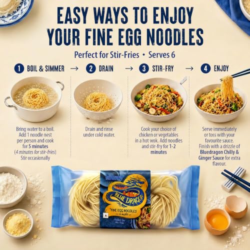 Image of Blue Dragon Fine Egg Noodles 300g, Includes 6 Portioned Nests, Authentic Asian Stir Fry & Chow Mein Noodles, Imported from Thailand