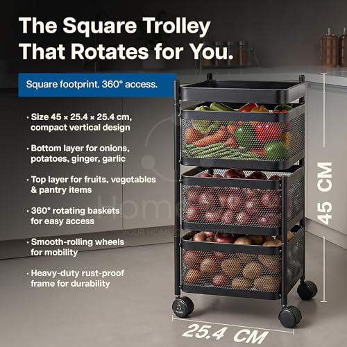 Image of HomeWiz Square Kitchen Rack 3- Layer | Lifetime Usage Heavy Duty Steel Trolley | Kitchen Storage | Onion Potato Rack For Kitchen | Multipurpose Storage Rack for Fruits & Vegetables | Rust-Free Forever