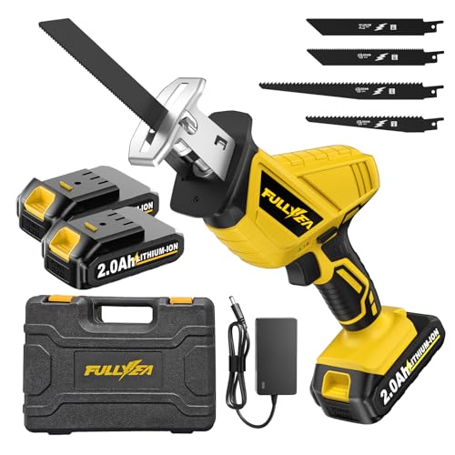 FULLYEA Reciprocating Saw Cordless, Variable Speed 0-3500SPM Power Reciprocating Saw, Tool-Free Blade Change, Battery Reciprocating Saws with 4 Saw Blades for Woods/Metal/Plastic Cutting, Yellow