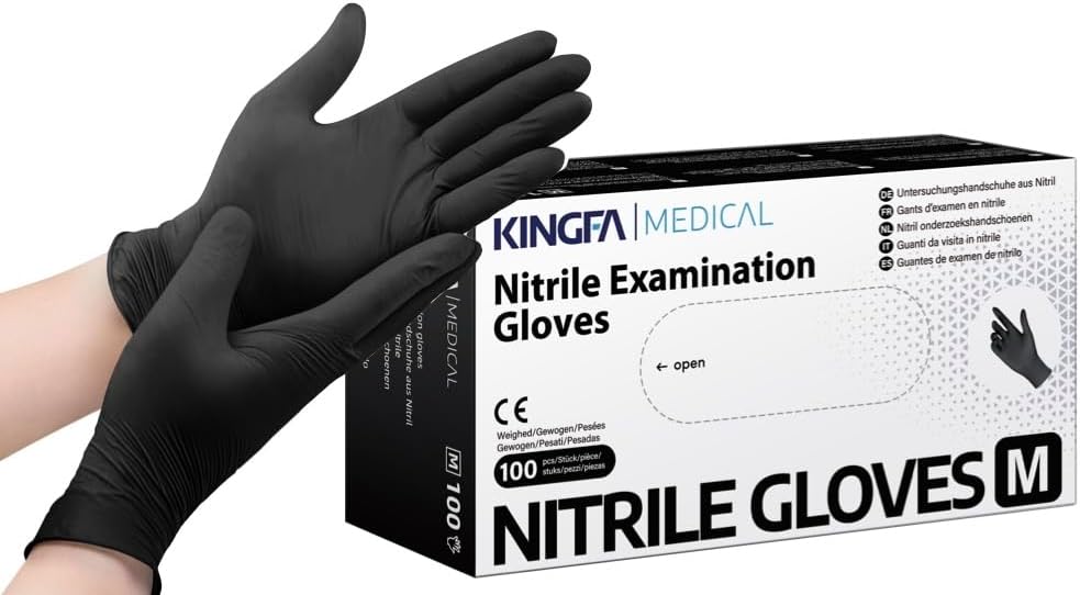 KINGFA Nitrile Gloves, Disposable, Powder-Free, Multipurpose, Latex-Free, Examination, Black,(M)