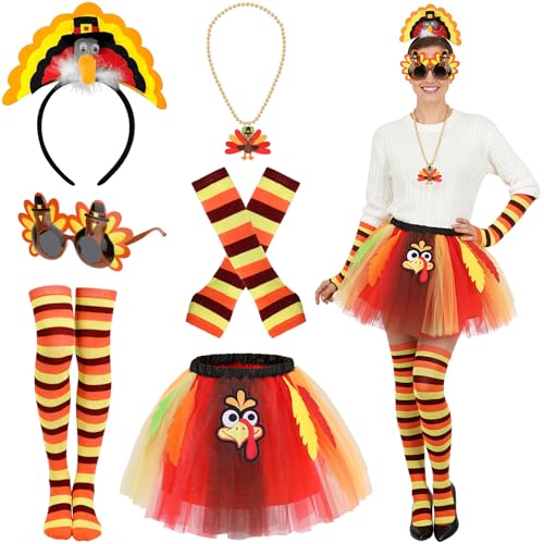 6pcs Turkey Costume Women Girls, Turkey Trot Gear with Turkey Tutu Glasses Socks, Thanksgiving Headbands Necklace