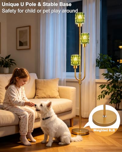 Image of 66IN Glass Floor Lamp 3-Lights Modern Gold Dimmable Floor Lamps with 3000K Warm White Bulbs for Wedding Party Tall Standing Lamp with Green Glass Shade for Living Room /Bedroom /Home Decor