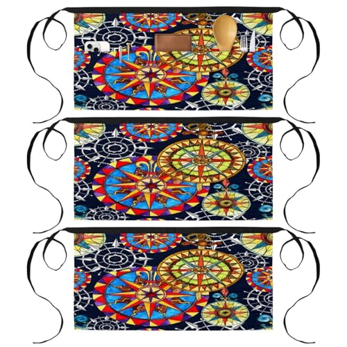 Tabliers courts de chef avec 3 poches au motif boussole nautique vintage coloré