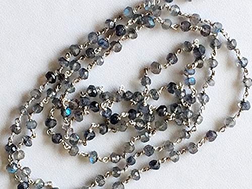 Chaîne rosaire labradorite perles rondelles facettées fil argent 925 au pied