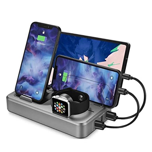 Sendowtek USB Charging Station Multi Devices 5-Port 50W Fast Charger Docking Station QC 3.0 Desktop Watch Stand Organizer 5 Mixed Cables for Android Phone,Tablet and Other Electronic Devices UL Listed