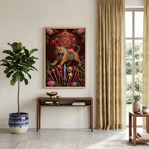 Image of Livin'luxe Durga Maa Tiger Yantra Wall Painting for Living Room Bedroom Pooja Room Decor with Premium Wooden Color Synthetic Frame, Spiritual Hindu Art Gift (13.5 x 19.5) NM01-4089