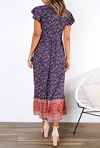 Image of R.Vivimos Women's Summer Short Sleeve Floral Print Bohemian Beach Waist Tie Wrap Long Flowy Dress with Slit