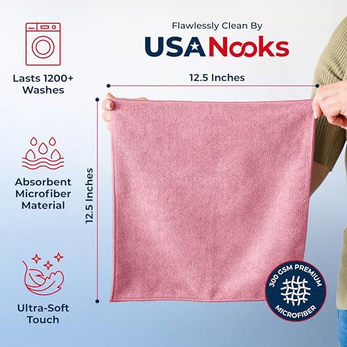 Image of USANOOKS Microfiber Cleaning Cloth Light Pink - 8 Pcs 12.5 inchx12.5 inch - High Performance - 1200 Washes, Ultra Absorbent Towels Weave Grime & Liquid for Streak-Free Mirror Shine - Car Washing Cloth