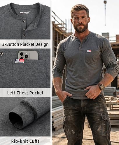 Image of BOCOMAL FR Shirts for Men Long Sleeve EX Soft Flame Resistant Henley CAT2 | NFPA2112 6oz Midweight Cotton Knit Heather Series,Moisture-Wicking /Breathable,Chest Pocket,Rib-Knit Cuffs,Summer Work T Shirt