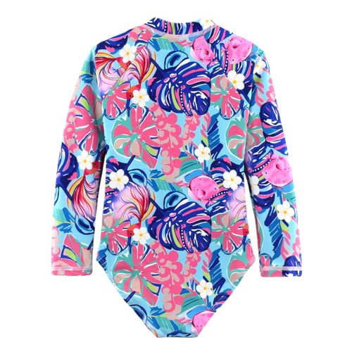 Image of Kids Girls Rash Guard Long Sleeve One Piece Swimsuits Zipper Bathing Suits UPF 50+ Tropical Plant Flowers Ages 3-12