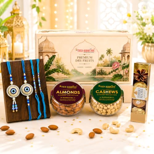 Image of TIED RIBBONS Rakhi for Brother and Bhabhi Kids with Chocolate and Dry Fruit Gift Hamper - Evil Eye Family Rakhi Set of 4 with Rocher Chocolates and Dryfruits Almonds Cashew - Rakhi Gift for Bhaiya Bhabhi Set