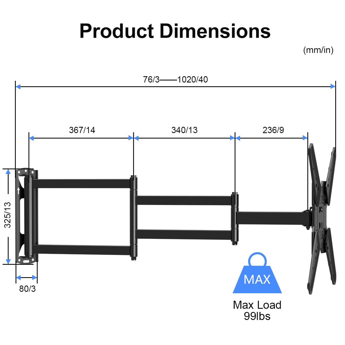Suptek Soporte TV Pared de Esquina con Brazo de Extensión de 40 Pulgadas(1.02 m) para la Mayoría de los TV de 23-60 Pulgadas, Giratorio e Inclinable, VESA Máx. 400x400mm, hasta 88 LB(40KG) - A1L