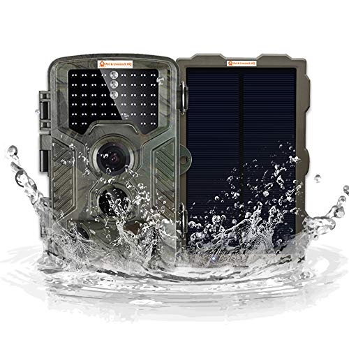Solar Trail Camera Trap - No Glow Game Spy Cam System - 16MP 1080P HD Waterproof Infrared w/ Motion Activated Night Vision Video - Wildlife Motion Detector - Hunting Deer, Owl, Bird Pet & Livestock HQ