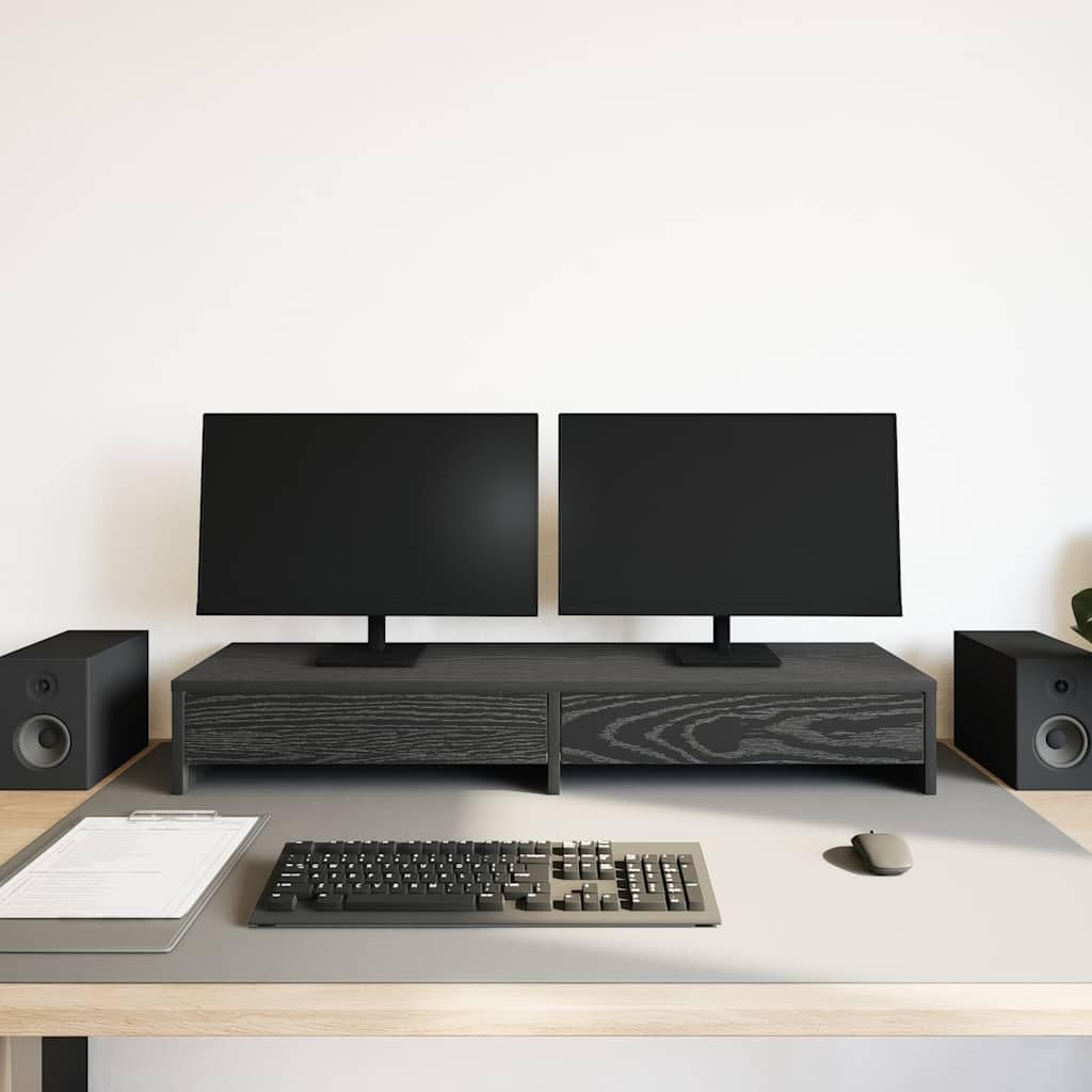 Gecheer Supporto per Monitor Doppio con Cassetti, 100 x 27 x 15 cm, in Legno Tecnico, Rovere Nero, per Scrivania Ufficio e Home Office