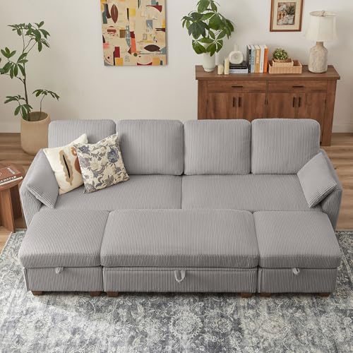 Image of Convertible Sectional Sofa with Storage Ottomans & Coffee Table, Modern Corduroy Fabric, U-Shaped Couch with Dual Ottomans Chaise & Long Bench, Sofa Set Couches for Living Room, Light Grey