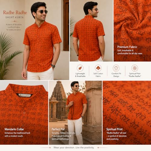 Image of LATEST CHIKAN Men's Cotton Printed Short Kurta | Half Sleeve Band Collar Ethnic Wear | Radhe Print Casual Festive Traditional Kurta for Men