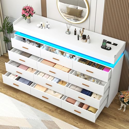 Image of Hlivelood 12 Drawer Dresser with LED Light and Charging Station, 70 inch Modern Chest of Drawers for Closet, Wide Drawer Organizer Cabinet for Bedroom, Living Room, Entryway, Hallway, White